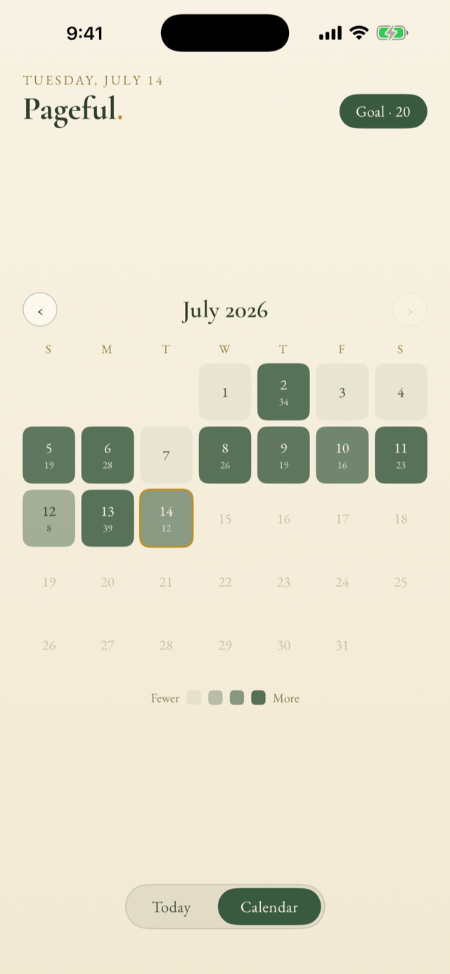Pageful's calendar screen: a July heat map with green squares of varying depth