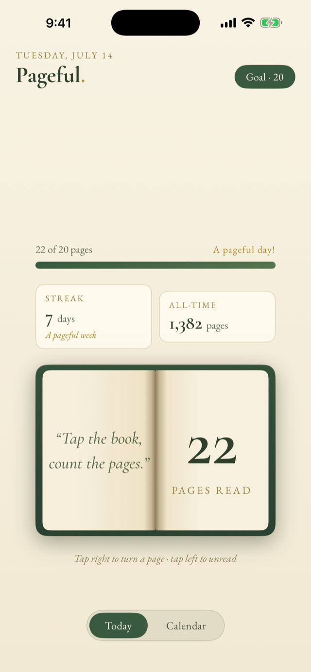 Pageful's Today screen: an open book showing 22 pages read, a completed goal, and a 7-day streak